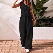 Summer Casual Set V-Neck Vest Top Long Pants Two Piece Set Women Retro Style Vacation Dress S