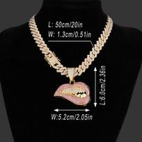 Sexy biting lip hip hop necklace pink diamond cuban chain necklace pendant