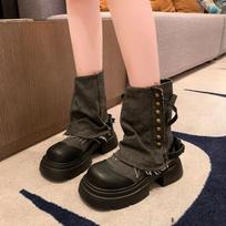 Fashion Women's Boots  New Mid Calf Boots for Women Fashion Platform Boot Breathable Canvas Cowboy Boots for Women Motorcycle Botas 35