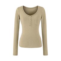 Women's Slim-Fit Long-Sleeve Henley V-Neck Top with Pocket, Stretchy Fine Cotton, Spring/Autumn Style Small