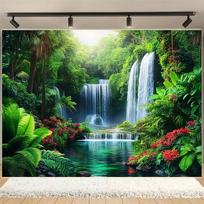 2D Enchanted Forest Waterfall Tapestry, Multi-Tiered Cascading Waterfall with Turquoise Lake Wall Art 47.2x31.5inch/120*80cm