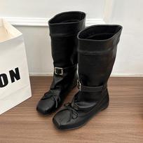 Designer Ballet Style Women Mid Calf Boots Fashion Belt Buckle Ladies Elegant Mordern Trouser Legs Booties 35