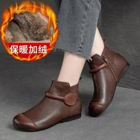 Women's Leather Boot 2025 Autumn-winter New Plush Vintage Round Head Flat Side Zipper Casual Simple Women's Sneakers Women Shoes 35