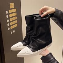 Women's flat cotton boots winter new pointed splicing leather sleeve thick soft sole non-slip short shoes 35