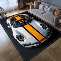 White & Orange Coupe Art Pattern Area Rug, for Living Room, Bedroom, Office - Vintage Muscle Car Style Home Decor Mat 50x80cm