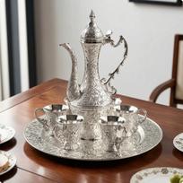 Turkish Coffee Pot and Cups SilverToned Decanter Set with Ornate Drinkware for Collectors, Small Floral gray