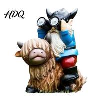 Decorative Figures for Garden Solar Gnome Statue Resin Sitting on Highland Cow Powered Hand Painted Patio Decor Binocular Light Waterproof Ornament