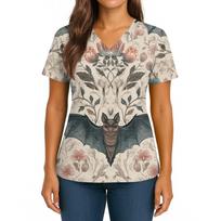 Women's Halloween Printed V-Neck Double Pocket Short Sleeves Hem Slit Uniform Caregiver Top L