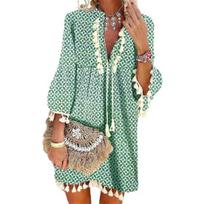 Women Bohemian Dress 45720 Sleeve Paisley Print Tassels Mini Loose Dress for Spring/Summer