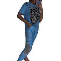 2 Pcs/Set Women T-shirt Pants Set Tiger Print Round Neck Short Sleeves M