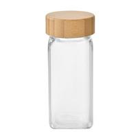 120 ml stikliniai prieskonių indeliai, skaidrus, su skylutėmis, kvadratinis, su bambuko medienos dangteliu, virtuvės įrankių spintelė