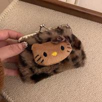 Cute Fresh and Sweet Kitty Leopard Print Coin Purse Plush Carry Bluetooth Headphone Bag KT Cat Makeup Bag Storage Bag