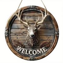 Rustic Deer Antler Welcome Sign Metal Wall Art, Country Home Hanging Plaque Wood Look Decor 20x20