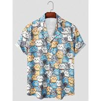 2026 New Fashionable Hawaiian Men's Cute Cat Printed Casual Harajuku Short Sleeved Shirt S