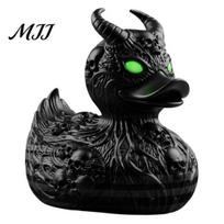 Hand Carved Resin Crafts Gothic Devil Skull Duck Ornament, Matte Black Figurine, Edgy Interior Design Accents Horror Green Eyes Decor Ornament