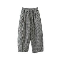 21-Count Retro Plaid Cotton Pants - Artistic Quilted Design, Elastic Waist, Loose Fit Medium