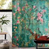 1Pc Vintage Floral And Birds Shower Curtain, Unlined, Ripplefold Top, All-Season Bathroom Decor, Bird Deco W60H190(CM)-1 Pcs