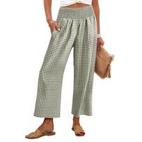 Women Loose Fit Plaid Pants with Elastic Waistband and Pockets Casual Cropped Trousers for Everyday Wear M