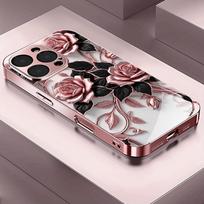 Rožinių rožių rašto metalizuotas grūdintas stiklas telefono dėklas, skirtas iPhone 17 16 15 14 13 12 11 Pro Max 15 14 Plus 17 Air 17E Dangtelis iPhone 16