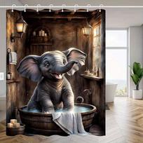 Cute Baby Elephant Shower Curtain Elephant In Wooden Bathtub Artistic Design Kids Room Decor Waterproof Fabric Bath Curtain Set W60H190(CM)-1 Pcs white