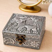 Trendifly Elephant Design Wooden Oxidised Jewellery Storage Box With Lock for Women 4 x 4 inch