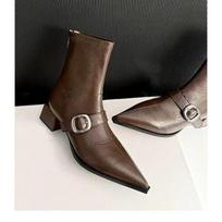 Pointed Toe Heeled Ankle Boots for Women Mid Heels Leather  Winter Trend Gothic Boots Pumps Walking Retro Mujer Botas 35