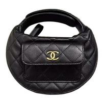 Chanel 23b Diamond Pattern Hula Hoop Gold Buckle Strapless Crescent Bag Handbag Grainy Lychee Leather And Caviar Leather Handbag Mini Female Black Box(Basic Set+Box) juoda