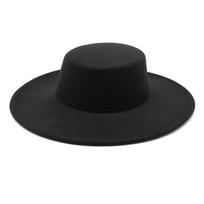 Prancūziškas moteriškas skrybėlis Didelė plati briauna 10CM Fedora skrybėlis Žieminis vilnos Derby Vestuvės Džiazo skrybėlės Plokščias viršus Veltinio skrybėlis 56-58CM black