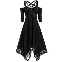 Women's Cold Shoulder Cross Back Straps Long Sleeve Irregular Lace Hem Midi Dress Gothic Punk Solid Dress 2022 Summer S