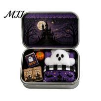 Halloween Storage Box Mini Tin Gift, Plush Ghost with Haunted House Spooky Unboxing Experience Scene, Collectible Micro Theater Gift for Kids,