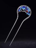 Sterling Silver Cloisonné Peony Hairpin: Retro Hanfu Style Filigree Enamel U-Shaped Hair Stick for Women.