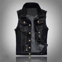 Men's Large Black Ripped Denim Vest - Korean Style Waistcoat Extra Large