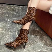Elastic Velvet High Heels Booties Women's Autumn Winter Pointed Toe Slim Fit Boots Korean Sle Waterproof Platform Ankle Boots 35
