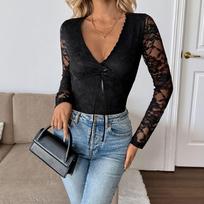 2025 New Elegnt Sexy Style Back See-through Lace Deep V-neck Long-sleeved Black Top for Women S