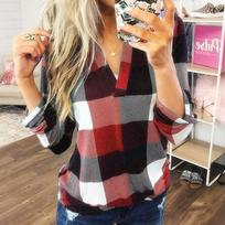 Women's New Hot Sale Spring and Autumn Plaid Print V-Neck Long Sleeve Shirt T-Shirt S