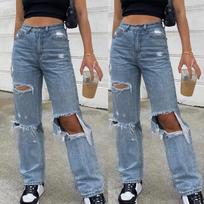 Women Button High Waist Pocket Elastic Hole Jeans Trousers Loose Denim Pants M