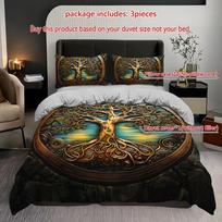 3pcs Tree of Life Bohemian Bedding Duvet Cover Set Golden Tree Bedding Quilt Set Bohemian Themed Bed Quilt Set Luxury Bedroom Duvet Cover Set&EU Single(135x200cm)