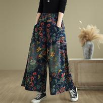 Flower Floral Print Autumn Wide Leg Pant Women Loose Pleated Fashion Ladies Oversized Trousers Elastic Waist Woman Pants M