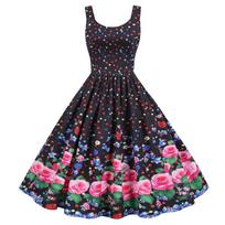 Large size summer literary and retro's dress skirt sleeveless printing adult medium and long swing skirt S