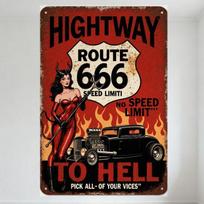 Vintage Highway Route 666 Metal Tin Sign, Devil Pin-Up Girl Hot Rod No Speed Limit TO HELL Wall Plaque for Bar Cafe Man Cave Hom 20x30cm（7.8x11.8inch）
