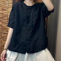 Chiffon Cotton Linen round Neck T-shirt Women Summer Vintage Art Loose Shirt  Open Cardigan Top Short Shirt For Women M