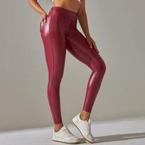 Export Amazon Pocket Body Shaping High Waist Yoga Pants 6617 Leather Pants-Red M
