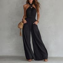 Women's Fashion Backless Sleeveless Jumpsuit with Pockets and Wide Leg L