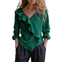 Women Tops V Neck Long Color Commuter Blouse Sleeve Ruffle Design Solid Loose Fit Work Party XL