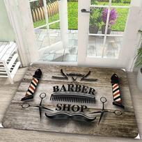 Barbershop Theme Door Mat Wood Grain Barber Pole Scissors Pattern Washable Entrance Mat Salon Living Room Decor Rug 40cm x 60cm