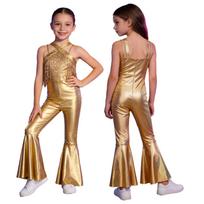 Girls Metallic Jumpsuit Shiny Sequins Tassels Sleeveless Back Zipper Long Flare Pants Disco Dance Parties 5-6 Years