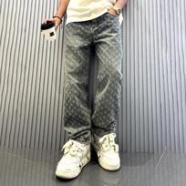 Jacquard Pattern Denim Pants Male Straight Fitting Baggy Bottoms Distressed Wide Jeans for Men S