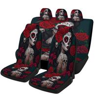 Full Set Mexican Folk Art Day Of The Dead Seat Covers - La Calavera Catrina Floral Design With Calaveras & Marigolds, Fit For F