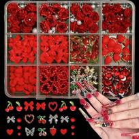 Sweet Rose Camellia Heart 3D Resin Cherry Nail Charms Red Series Bowknots Valentine's Day Nail Art Decorations Mixed Designs