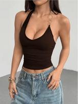 Sleeveless V-neck O-ring Halterneck Slim-fit Women's Vest Large